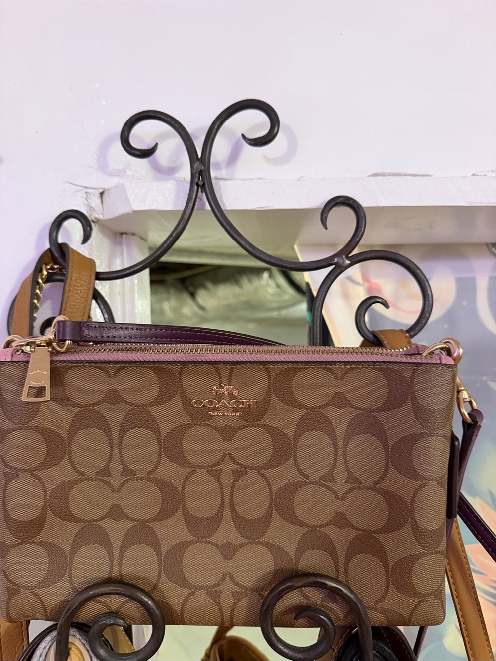 Coach Signature Canvas Colorblock Brown & Rose Crossbody w/purple accents